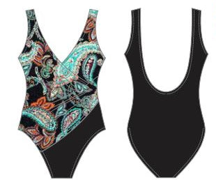 One-piece swimsuit with paisley pattern on a white background